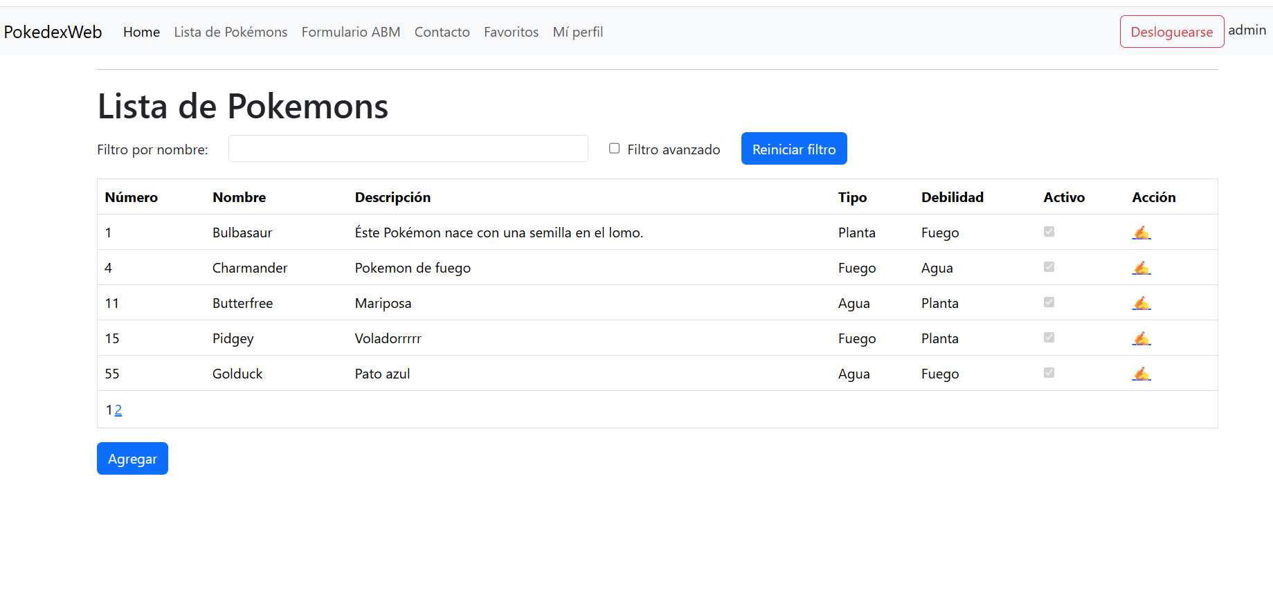 Captura de la aplicación web de Pokémon